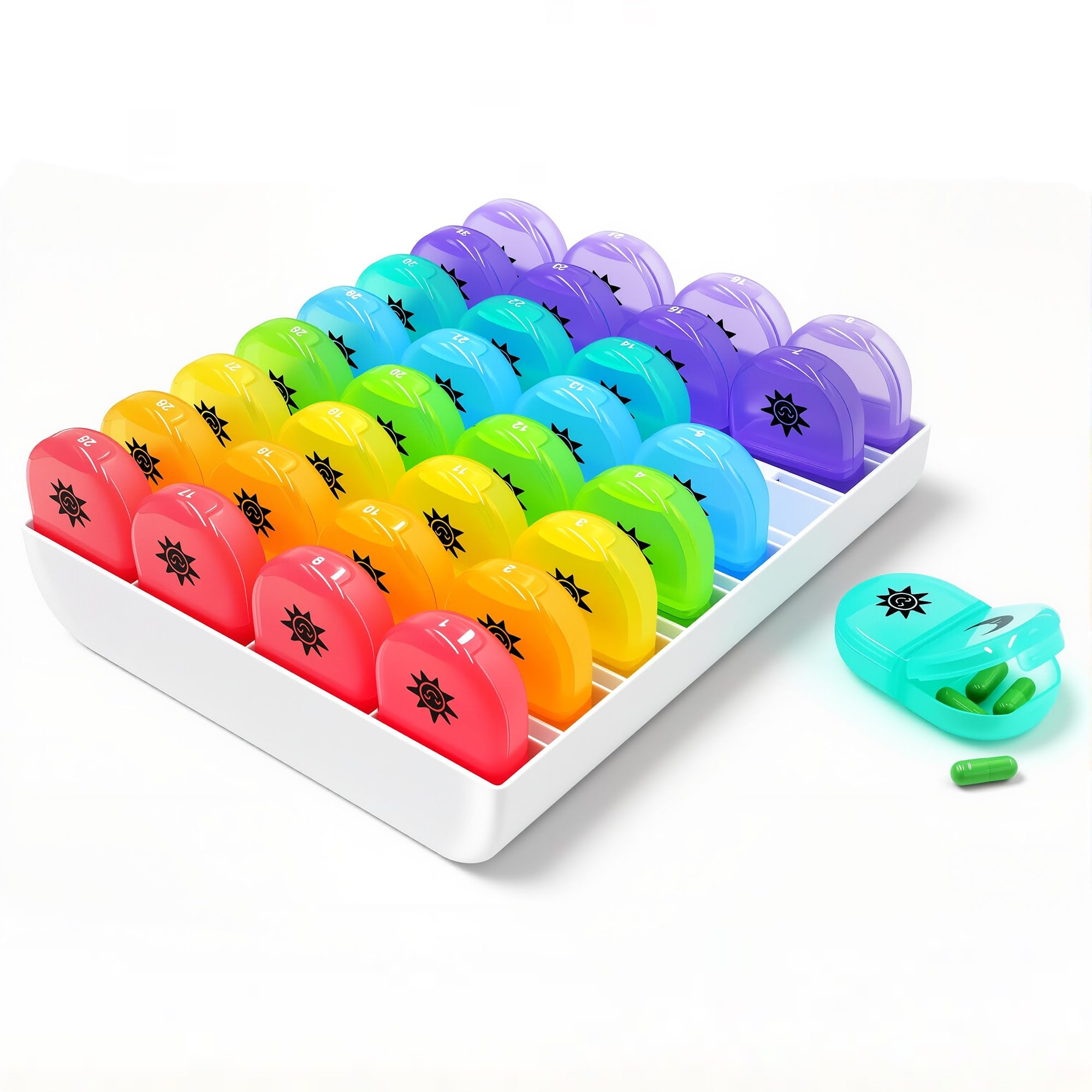 Photo 1 of Monthly Pill Organizer Box - 31 Day AM/PM Daily Pill Case 32 Compartments, 2 Times a Day Pill Dispenser Container to Hold Vitamins, Supplements and Medication, 4 Week Pill Cases (Rainbow)