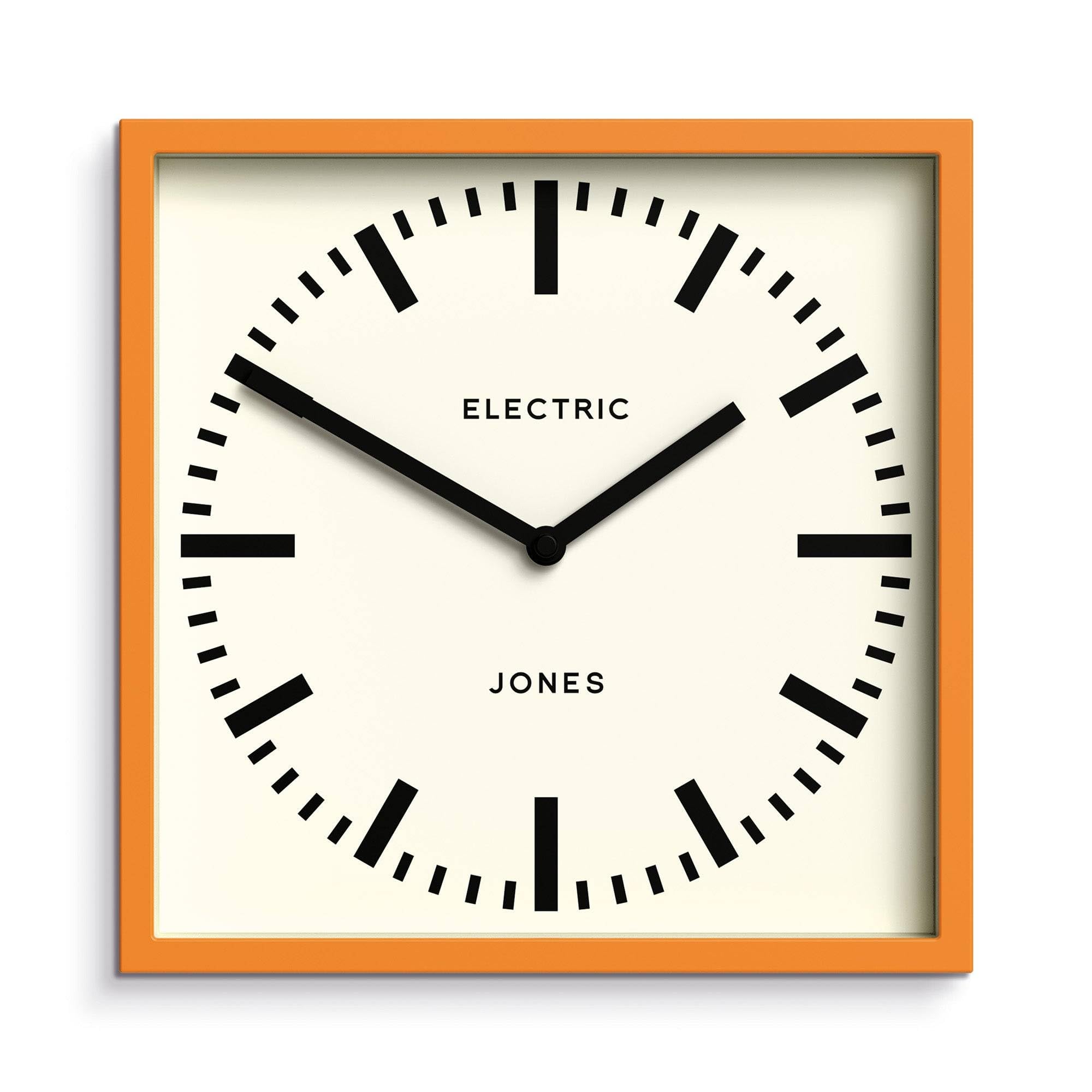 Jones Clocks® Box railway wall clock | Square station clock | 25cm | Orange | Cool designer look for kitchen, living room or office