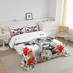 Highland Cow Comforter Set King, Red Poppy Floral