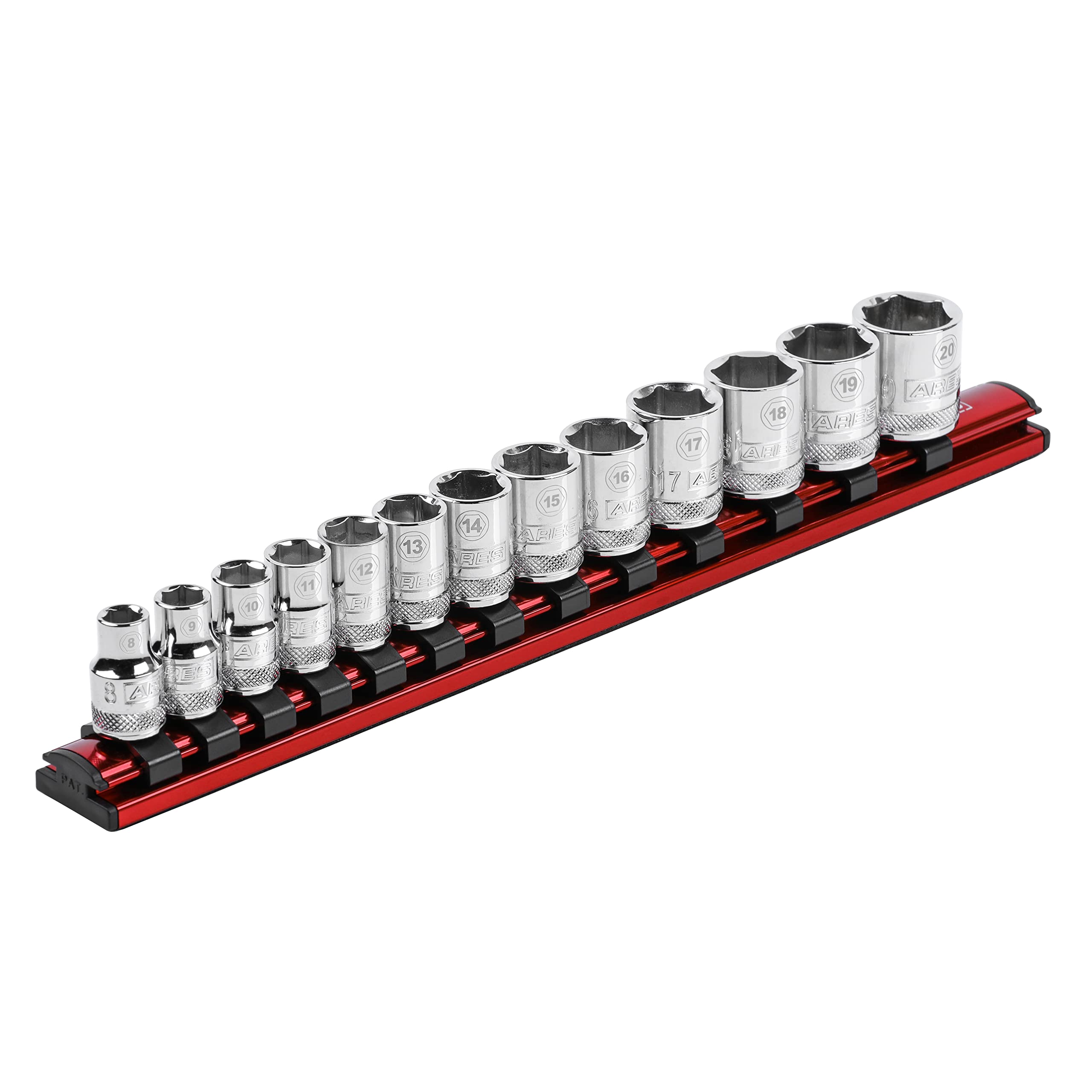 ARES 71181-3/8-Inch Drive Magnetic Socket Organizer - Aluminum Rail Stores up to 12 Sockets and Keeps Your Tool Box Organized