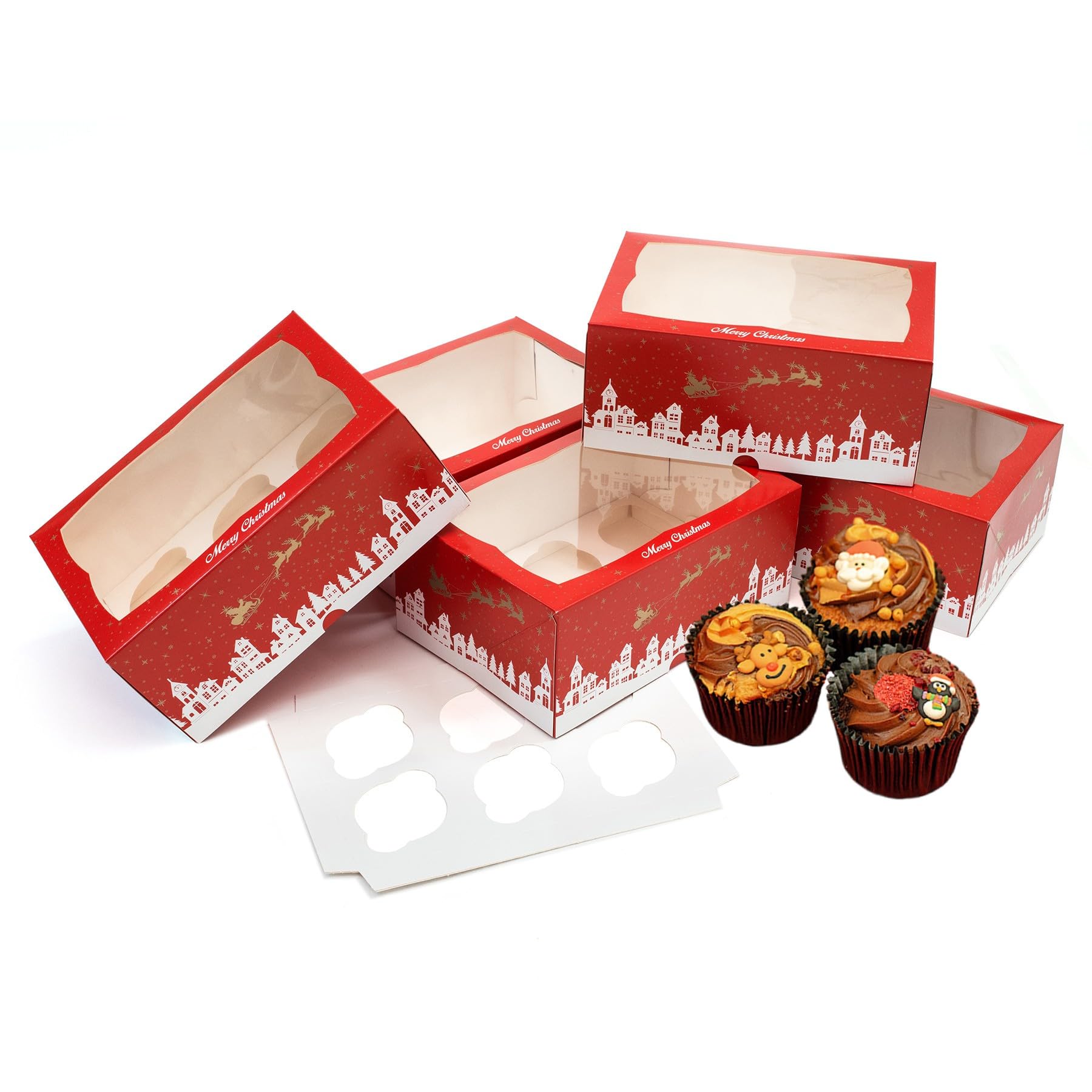 Culpitt Christmas Cupcake Boxes | 5 Pack | Red & Gold Christmas Display Boxes With See Through Window, Strong 6 Hole Cupcake Box For The Festive Holidays, Gift, Storage, Protection | 4" Deep - 5 Pack