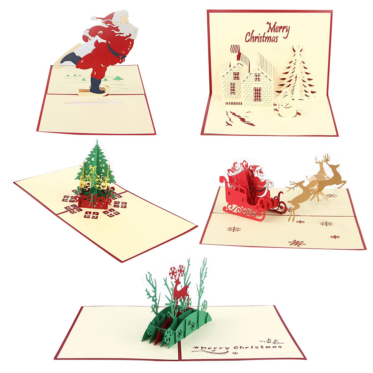 PRETYZOOM 5Pcs Christmas 3D Pop Up Cards Christmas Cards Greeting Cards with Envelope Tree Santa Clause for Holiday New Year Party Favor