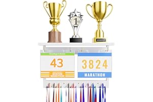 DSVENROLY Bib and Medal Hanger Display for Wall, Upgrade Wooden Cheer Race Medal Holder for Running Gymnastics Sports, Trophy Shelf Organizer Wall Mount, 25 Hooks and 30 Race Bibs(White)