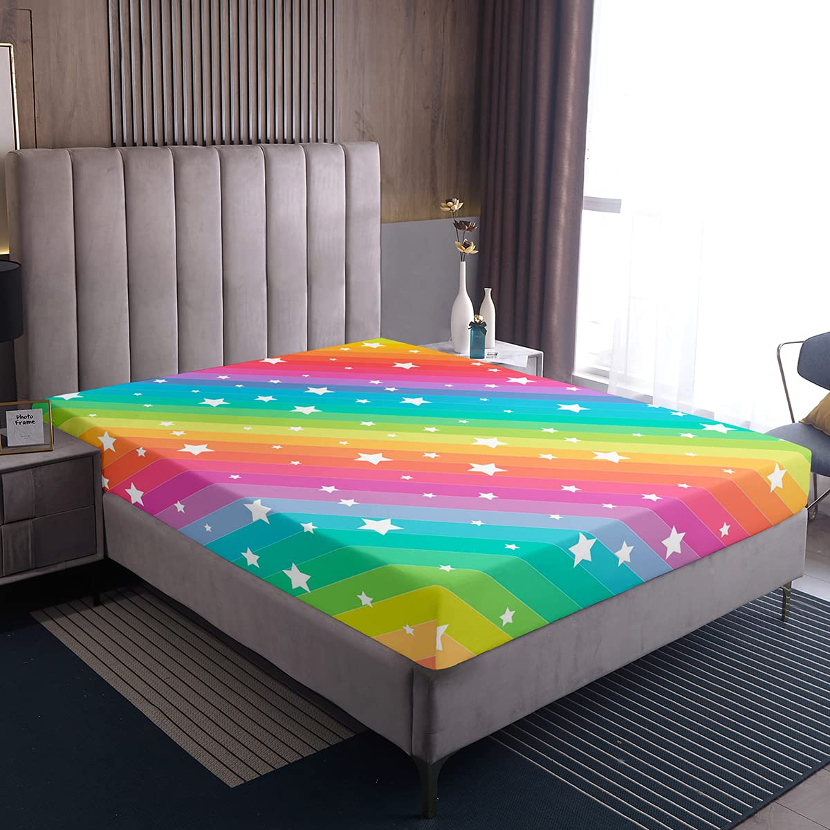 Loussiesd Kids Girls Double Fitted Sheet Rainbow Stars Print Fitted Sheet Colorful Toddler Women Color Stripes Decorative Bed Sheet Super Soft Breathable Microfiber Box Spring Bed Sheet