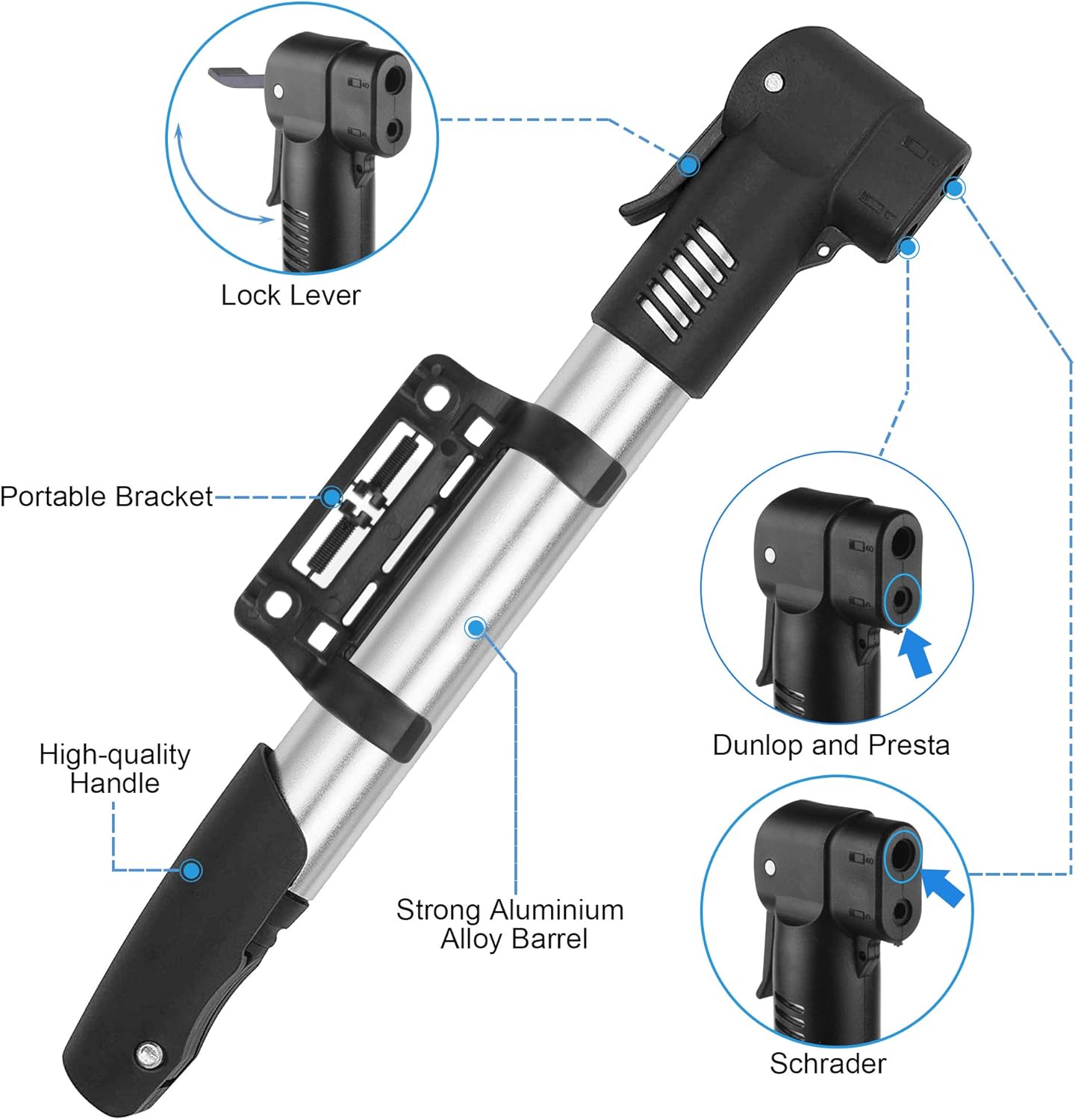Mini Bike Pump Bicycle Tire Frame Pump 120 PSI High Pressure Portable Bicycle Air Pump Fits Presta & Schrader Floor Bike Tyre Pump for Road Mountain BMX Bikes Sports Balls, Inflatables Items(Silver) : Sports & Outdoors