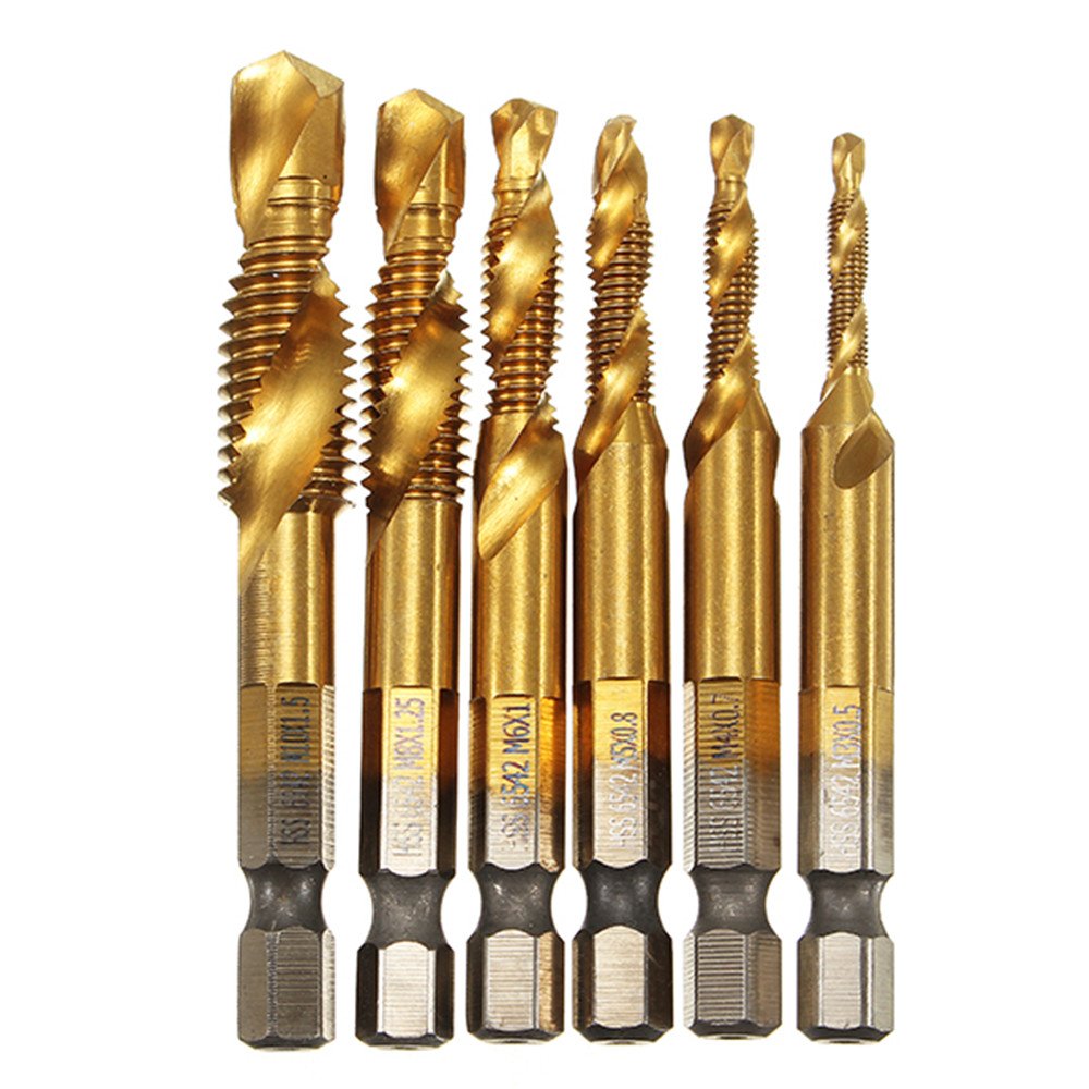 CEFEPH 6pcs M3-M10 Combination Drill Tap Bit Set HSS 6542 Titanium Coated Deburr Countersink Bits
