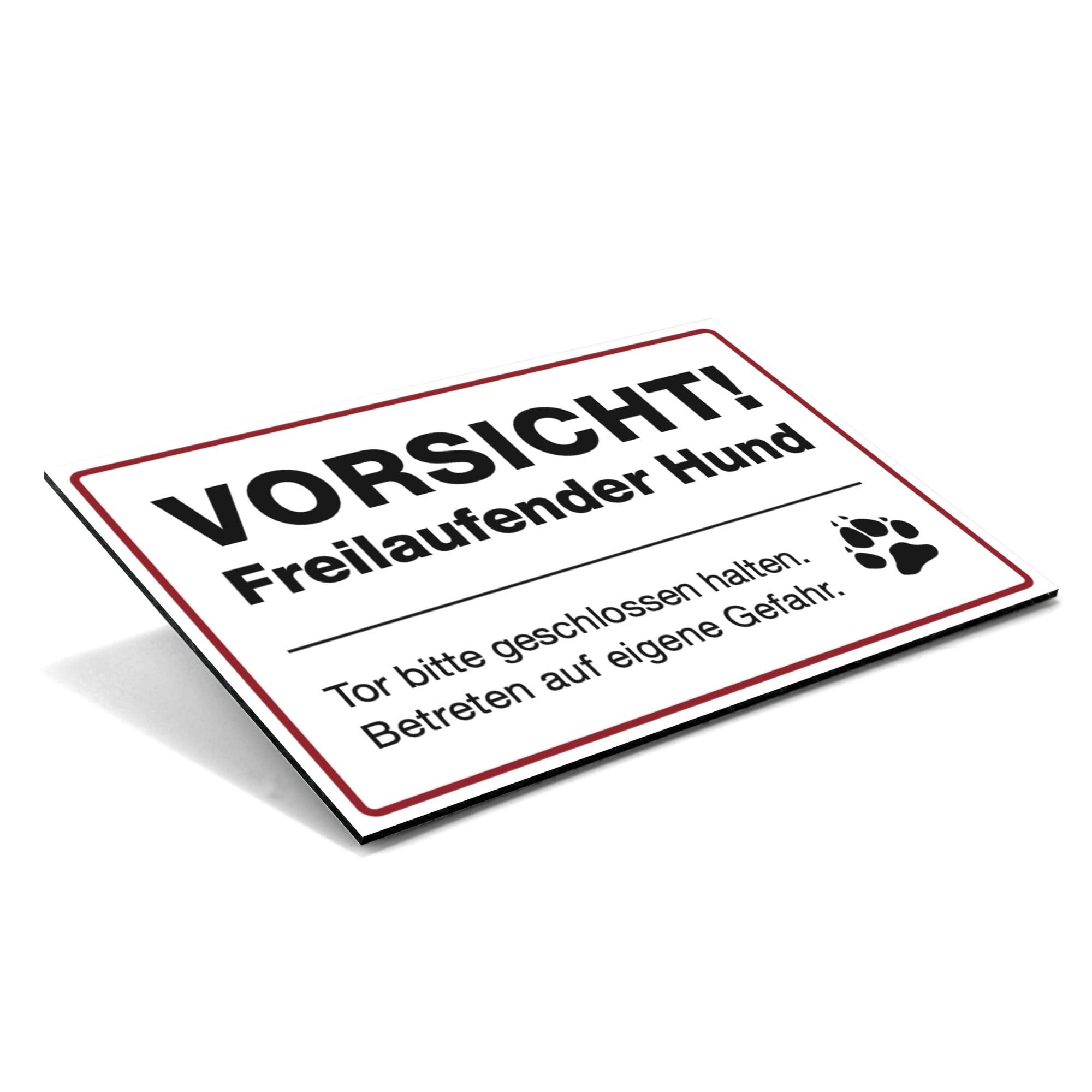 Stamp Factory Sign / Text: Caution! Free running dog/goal. Please keep closed. Enter at your own risk. Pictogram - Caution dog property. White