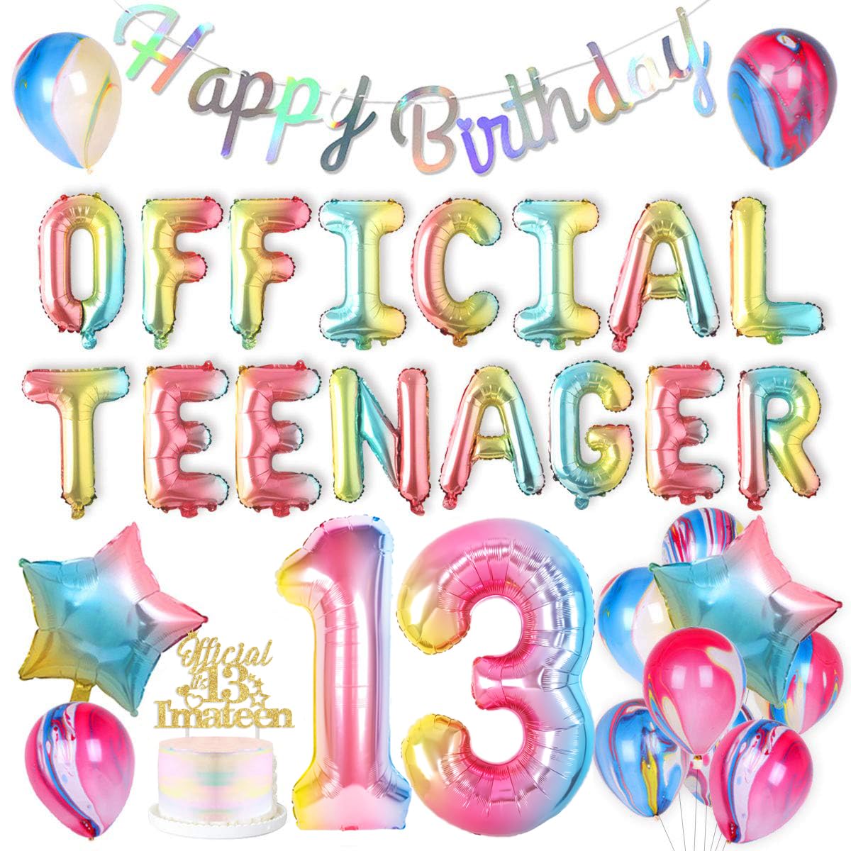 Rainbow 13th Birthday Decorations for Girls - Official Teenager Party Decoration Supplies - Iridescent Happy Birthday Banner, Pastel Number 13 Foil Balloon, Cake Topper