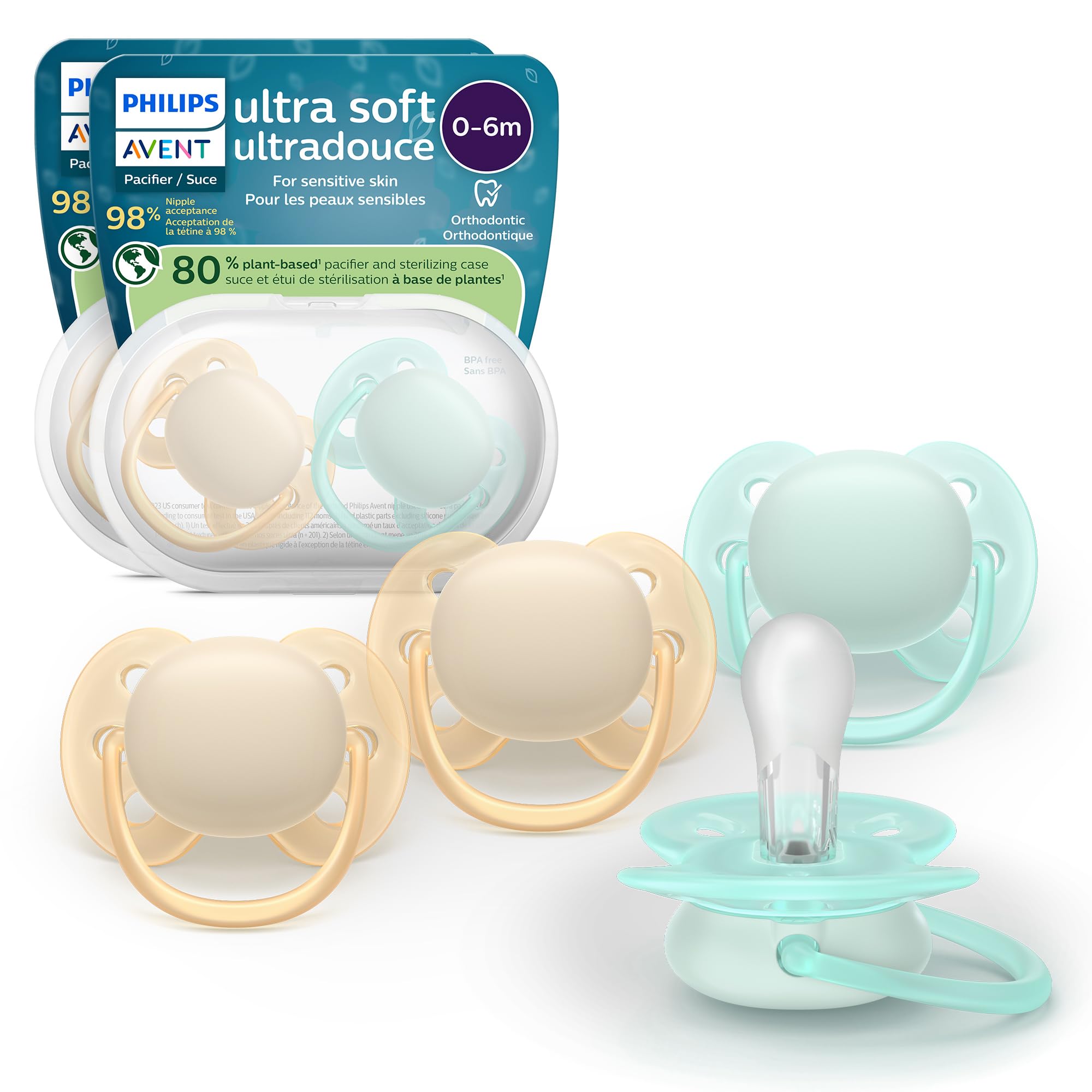 Photo 1 of Philips Avent Ultra Soft Pacifiers - Orthodontic Design, for Babies 0-6 Months, Flexible Shield, Silicone Symmetrical Nipple, BPA-Free, 2 Sterilizing Cases, 4 Pack, SCF091/48
