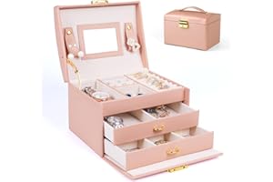 SYCARON Jewelry Box for Women Girls, 3 Layer Jewelry Organizer with Mirror and Portable Handle, Leather Small Jewelry Case fo