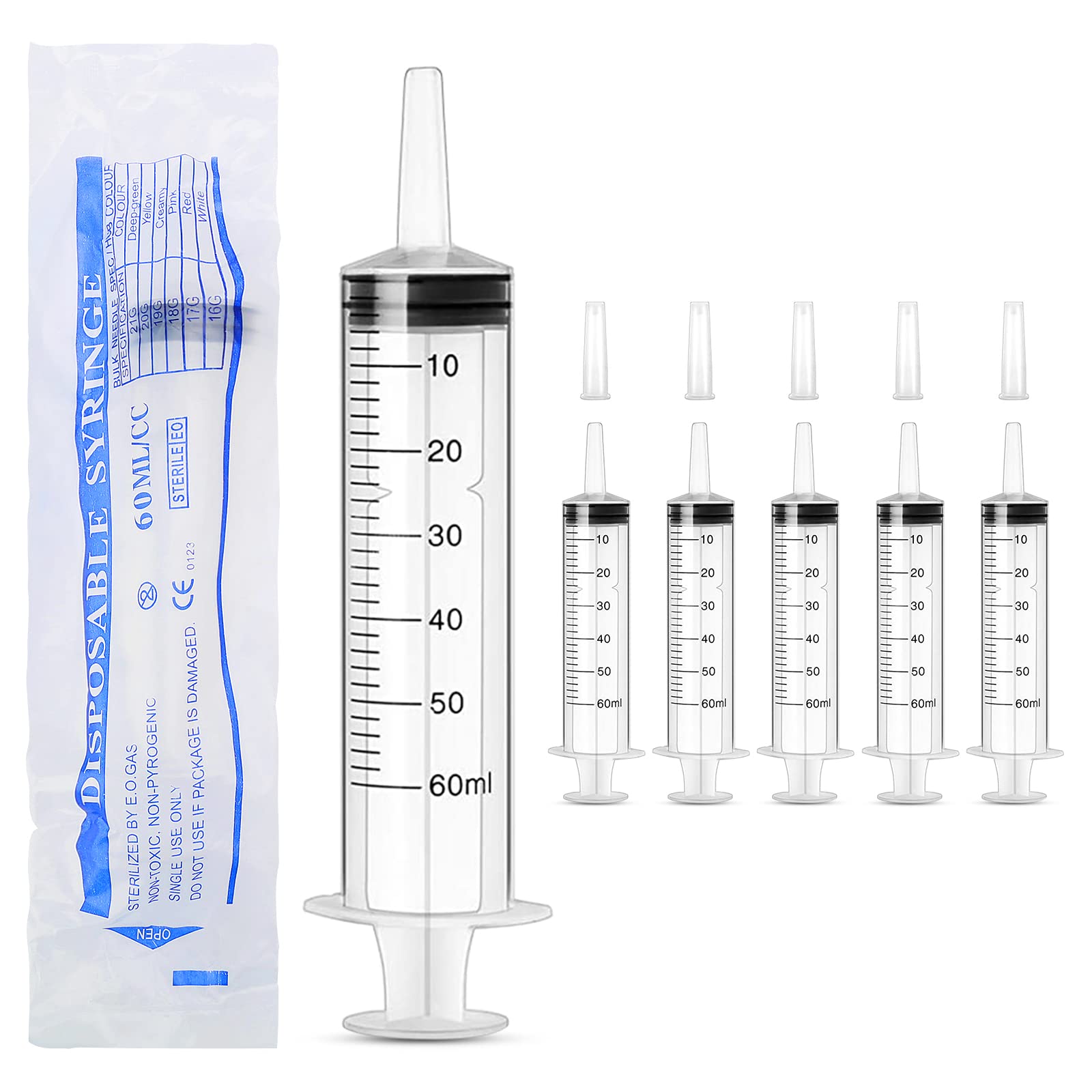 DONQL 6 Pack 60ml Plastic Syringe with Cap, Individually Packaged Sterile Feeding Syringe for Pets, Labs, Food, Dispensing, Watering