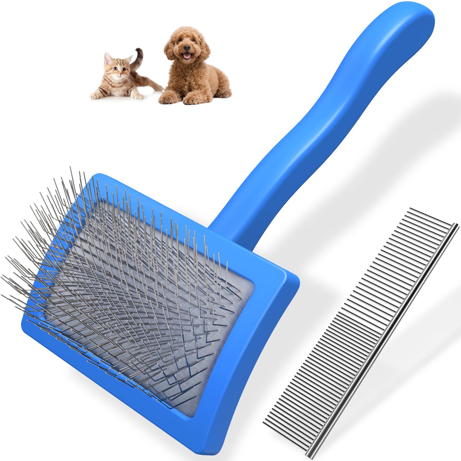 Photo 1 of 2PCS Slicker Brush for Dogs & Pet Comb,Professional Dog Grooming Brush (Cats,Goldendoodles,Poodles,Labradoodles) with Extra Long Pins to Effectively Remove Tangles, Knots and Mats (Blue, Medium)