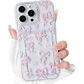 NITITOP Compatible with iPhone 15 Pro Max Case Clear with Card Holder Cute Bow Knot Pattern for Women Girls Bowknot Ribbon Soft TPU Shockproof Wallet Case Protective Phone Cover - Light Pink