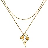 MTMY Birth Flower Necklaces for Women 18K Gold Plated Dainty Layered Birth Month Flower with Birthstone Pendant Necklaces Personalized Custom Floral Jewelry