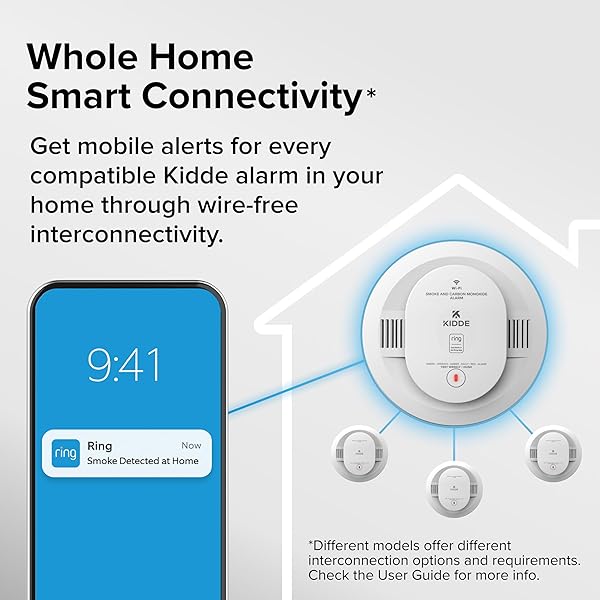 KIDDE SMART SMOKE DETECTOR, RING APP ENABLED FOR REAL-TIME NOTIFICATIONS, HARDWIRED ALARM, AA BACKUP BATTERY