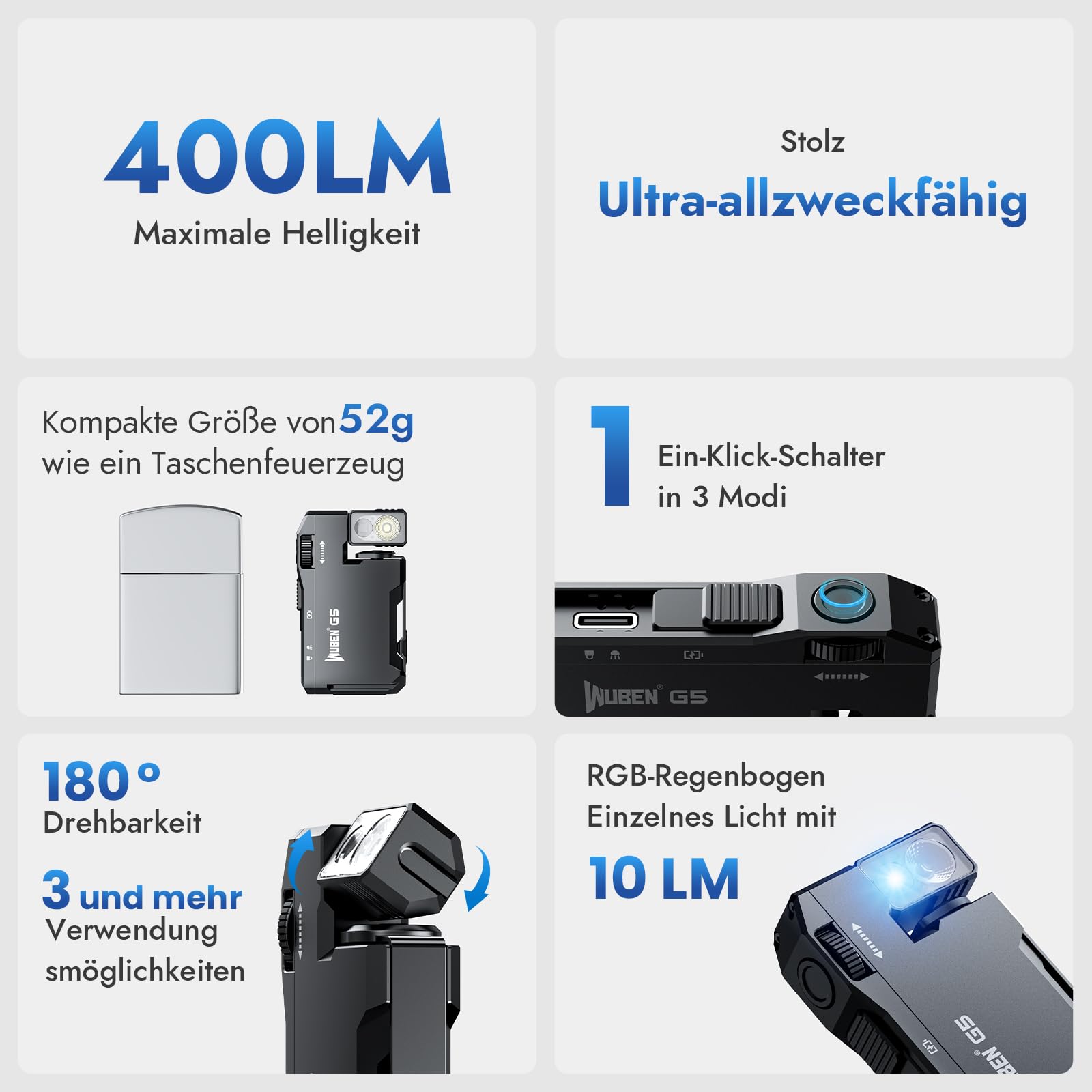 WUBEN G5 LED Taschenlampe Aufladbar - RGB Mini Schlüsselanhänger 400 Lumen, EDC Multifunktional Magnetische USB, 6 Modi Flashlight Wasserdicht für Camping Outdoor 2