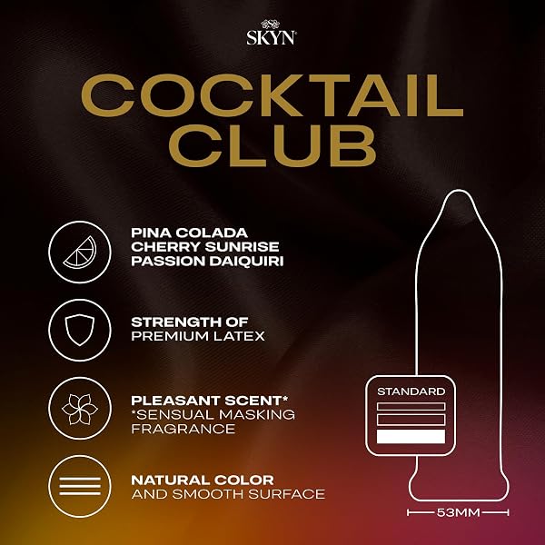 SKYN COCKTAIL CLUB FLAVORED NON-LATEX CONDOMS, 36 COUNT – PIÑA COLADA, CHERRY SUNRISE & PASSION DAIQUIRI ASSORTED FLAVORS – SOFT & LUBRICATED FOR A NATURAL FEEL