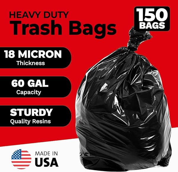 TOUGHBAG 55-60 GALLON HEAVY DUTY TRASH BAGS – 150 COUNT, LARGE BLACK GARBAGE BAGS – MADE IN USA
