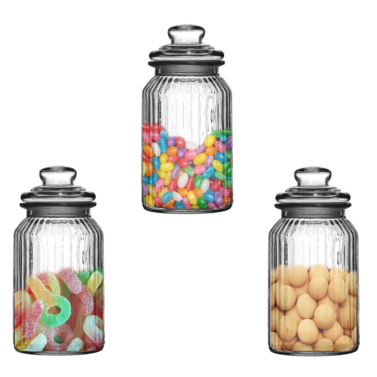 Set Of Three Storage Jars 1650ml Ribbed Glass Tea Coffee Sugar Amazon.co.uk Kitchen & Home