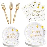 Bourns 100PCS Birthday Decorations Plate Set,Happy Birthday Plates and Napkins Party Supplies, Gold Accent Design Serve 25 Guests(White)