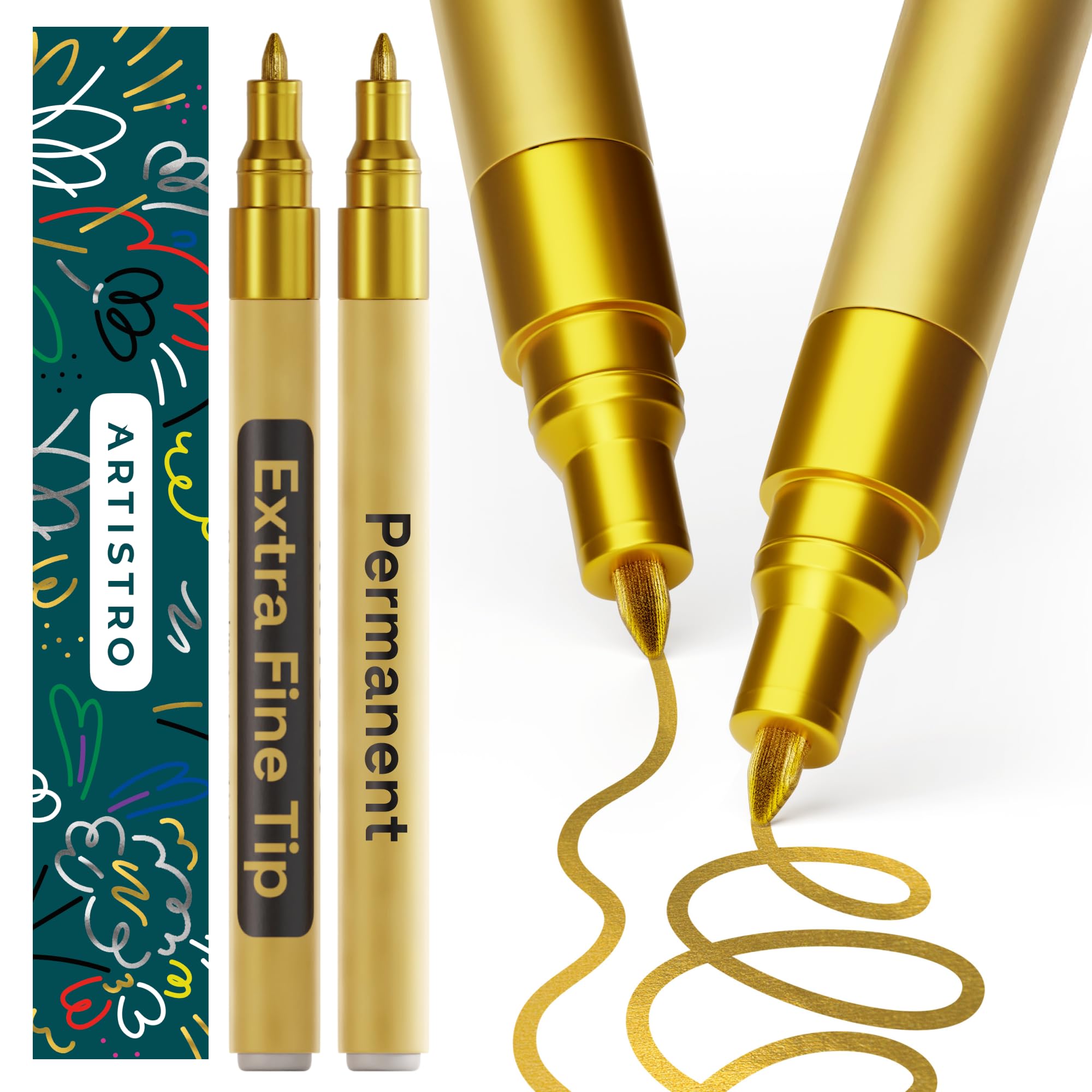 Photo 1 of ARTISTRO 2 Gold Permanent Marker - Waterproof Markers for Tire, Fabric, Rocks, Glass, Ceramic, Wood, Paper - Oil Based Paint Pens - Extra-Fine Tip 0.7mm