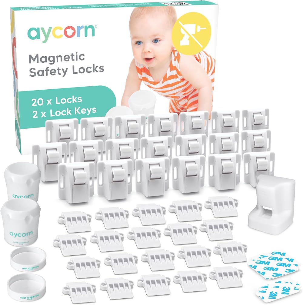Aycorn Magnetic Safety Cupboard Locks for Children 20 Locks 2 Keys White