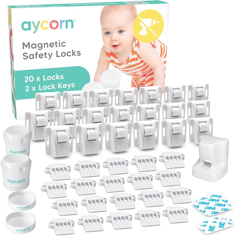 Aycorn Magnetic Safety Cupboard Locks for Children 20 Locks 2 Keys White