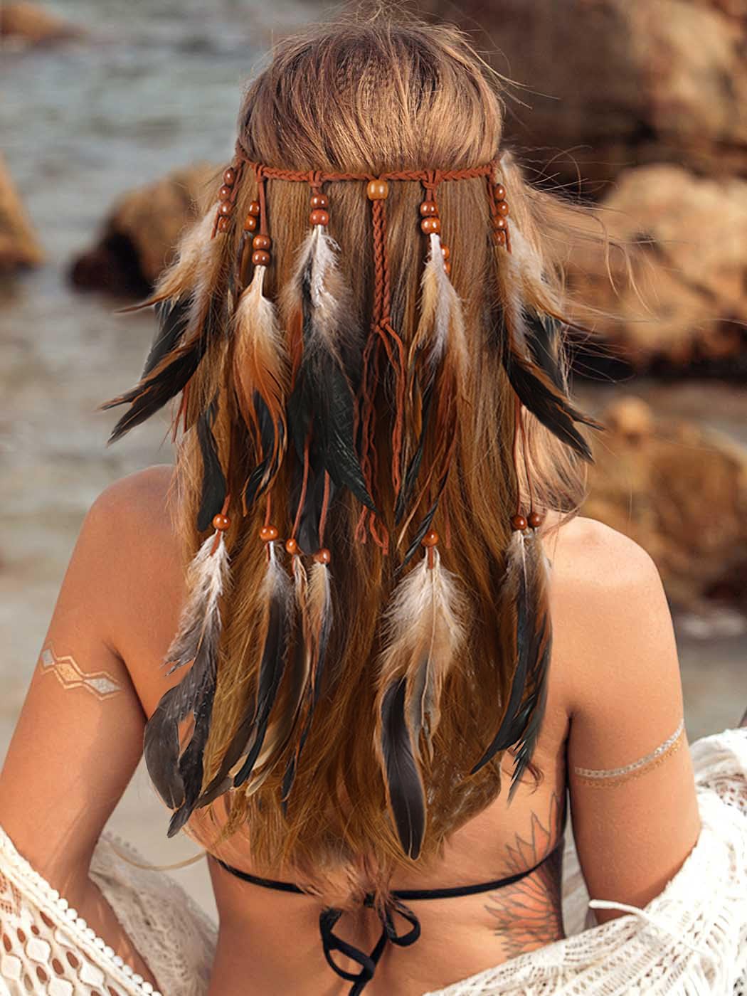 Fashband Indian Feather Headband Boho Tassel Hippie Tribal Headpiece Festival Hair Accessoriess for Women (Brown, One Size)