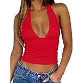 TiulZial Womens Backless Halter Tops Deep V Neck Sexy Crop Tank Top Open Back Sleeveless Slim Fit Y2k Summer Tops