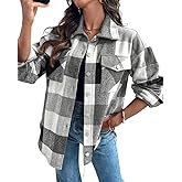 CHICME Womens Plaid Casual Jacket Long Sleeve Shacket Turn-down Collar Button Fall Shirt Coat