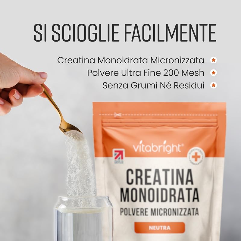 Creatina Monoidrata in Polvere Micronizzata | Busta da 400g | 114 Porzioni | Creatina Monohidrato Polvere Ultra Fine 200 Mesh a Rapido Scioglimento (Non Capsule) | Vitabright Creatine Monohydrate