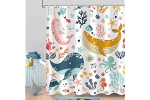 Caheansi Kids Whale Shower Curtain, Funny Cute Ocean Fish Cartoon Sealife Under Sea Coral Starfish Bath Curtain Waterproof Fabric Machine Washable with Hooks, 72" Wx72 L