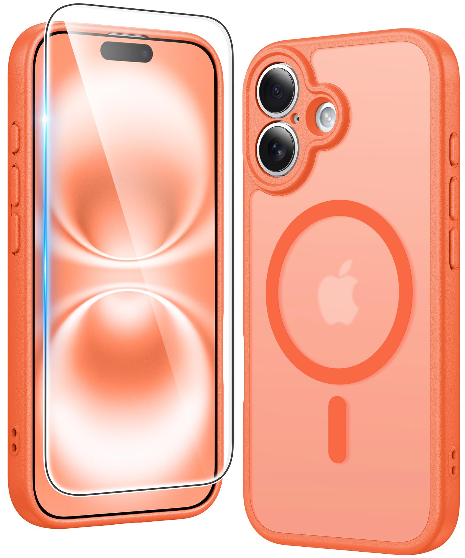 Photo 1 of FNTCASE for iPhone 16 Case Matte: Magnetic Phone Cases with Screen Protector Drop Proof Compatible with Magsafe Slim Anti Yellowing Rugged Shockproof Protective Translucent Cell Cover (C-Orange)