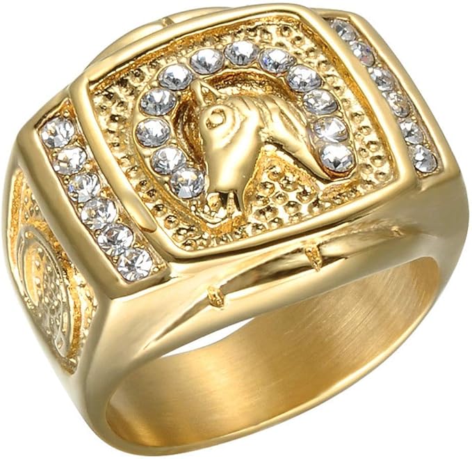 Gold Horse Head Ring for Men Stainless Steel Cubic Zirconia Horse