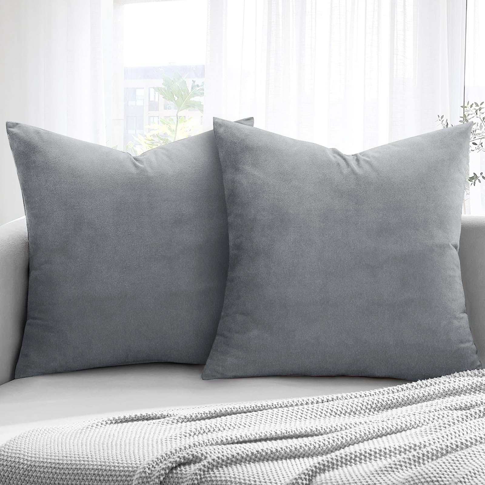 Aspire Homeware Velvet Cushion Covers 45 x 45cm Set of 2 Silver Decorative Square Throw Pillow Cases for Sofa Bedroom Living Room and Sofa