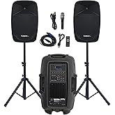 12inch PA Speaker System, 1000W High Powered Bluetooth Compatible Active + Passive Pair Outdoor Sound Speakers, Outdoor Karaoke Machine,FM Radio, Remote Control, 2 Speaker Stand, Supports SD Card/USB