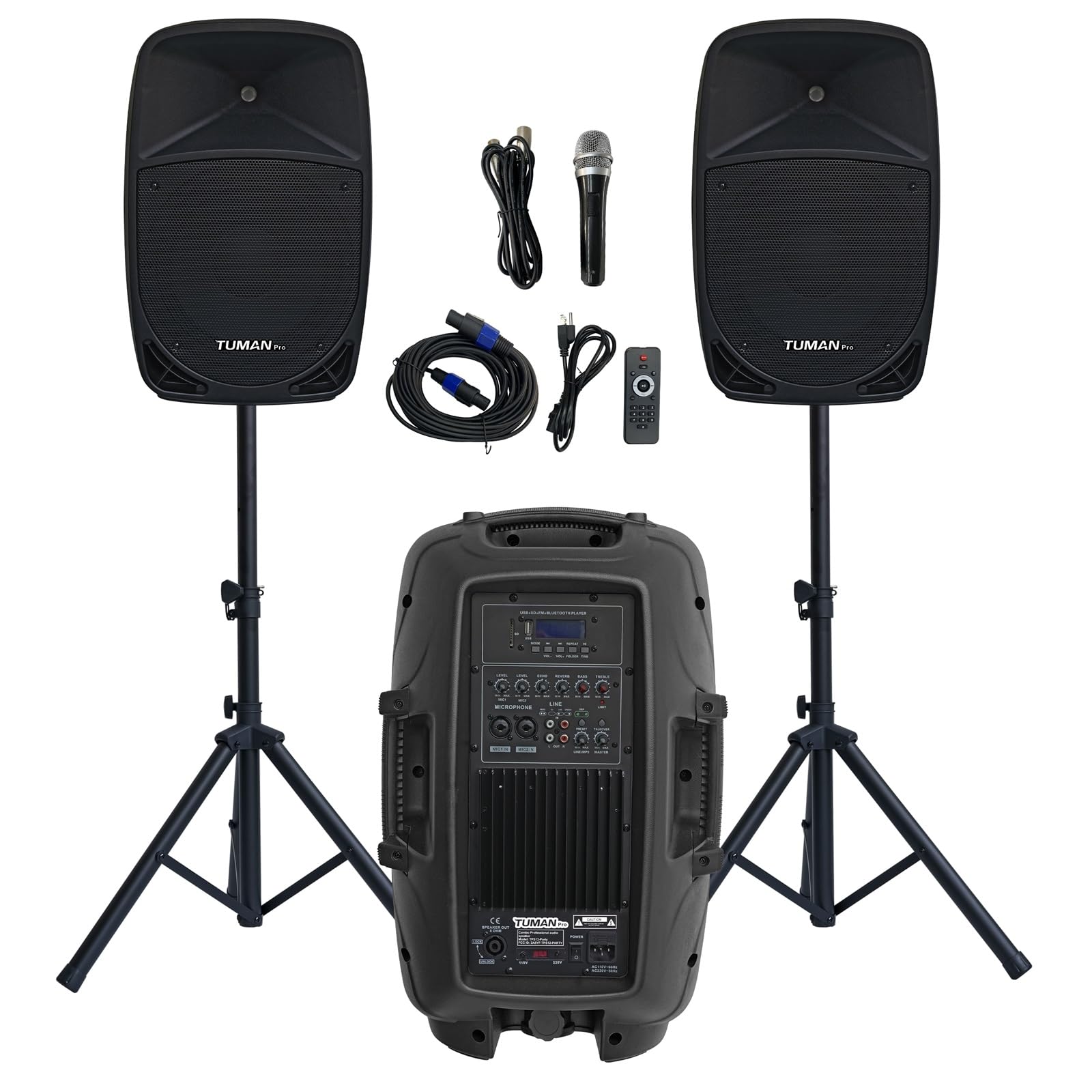 Photo 1 of 12inch PA Speaker System, 1000W High Powered Bluetooth Compatible Active + Passive Pair Outdoor Sound Speakers, Outdoor Karaoke Machine?FM Radio, Remote Control, 2 Speaker Stand, Supports SD Card/USB