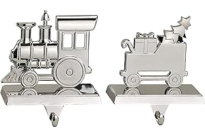 Klikel Train Stocking Holder Set of 2 - Christmas Train Stocking Hanger for Mantel - Shiny Silver Metal Christmas Stocking Holder for Fireplace Mantle - Heavy Stocking Holder for Mantle with Hook