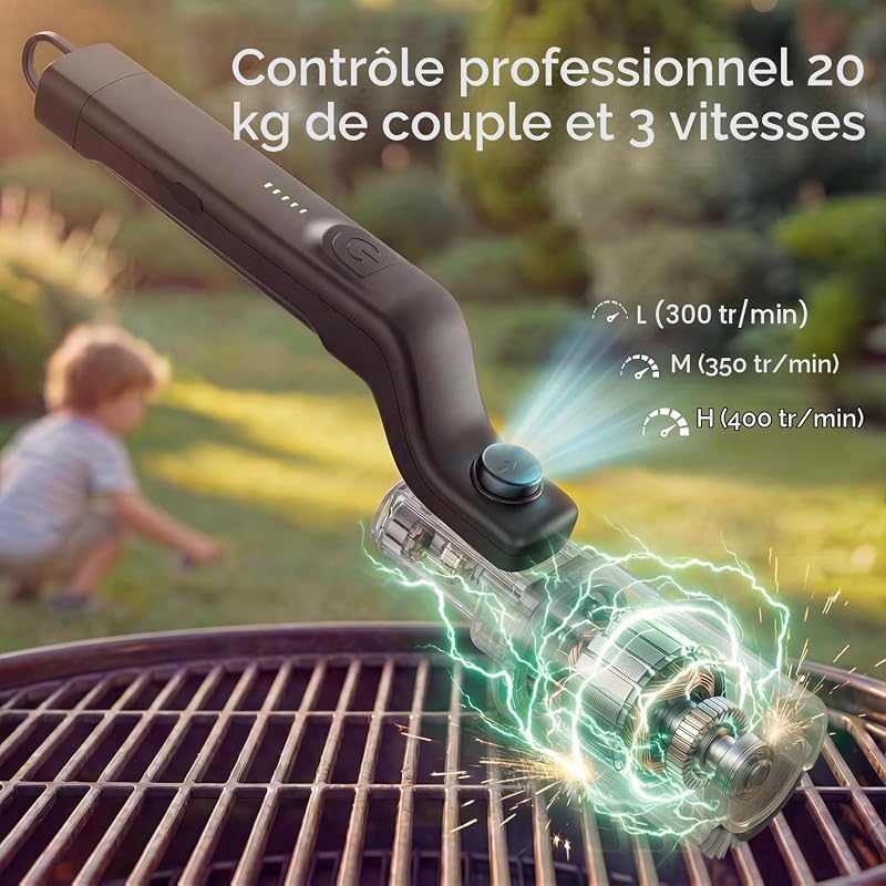 Brosse à grill électrique, brosse à grill à couple élevé avec modes 3 vitesses, nettoyeur de barbecue à couple maximum de 20kg pour acier inoxydable en fonte de porcelaine, poiles en acier renforcé, T