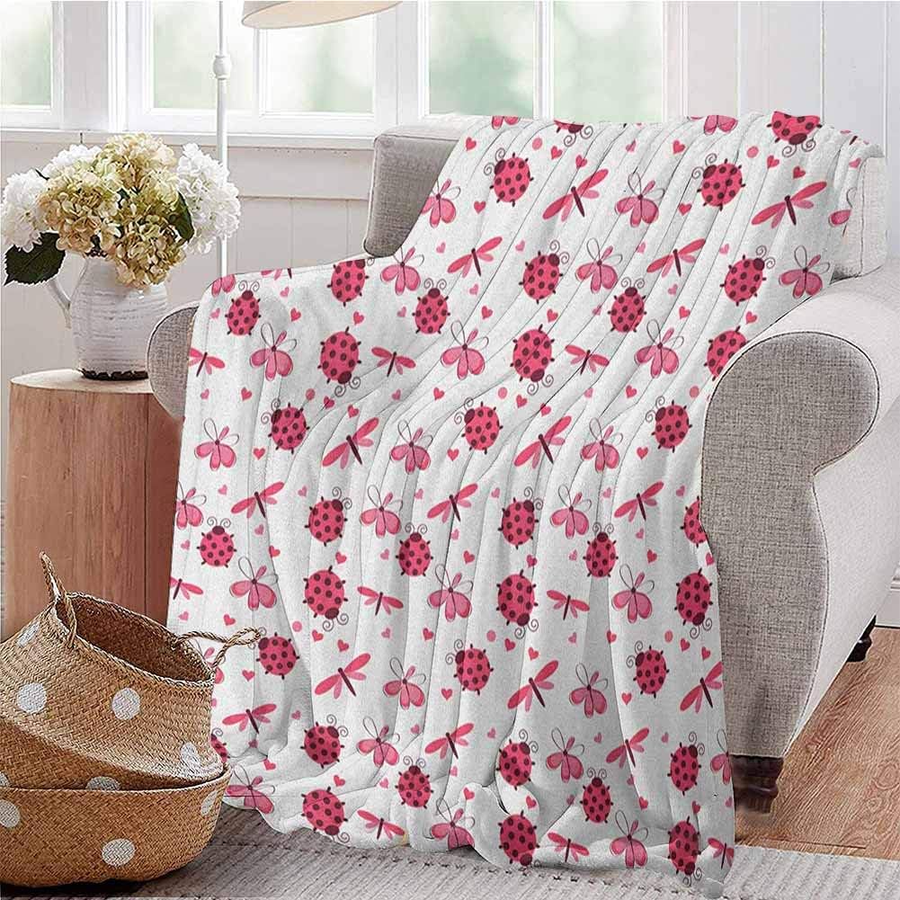 Luoiaax Ladybugs Bedding Flannel Blanket Domed Back Round Ladybugs with Hearts Flowers Dragonflies Romantic Wings Pattern Super Soft and Comfortable Luxury Bed Blanket W60 x L70 Inch Red White
