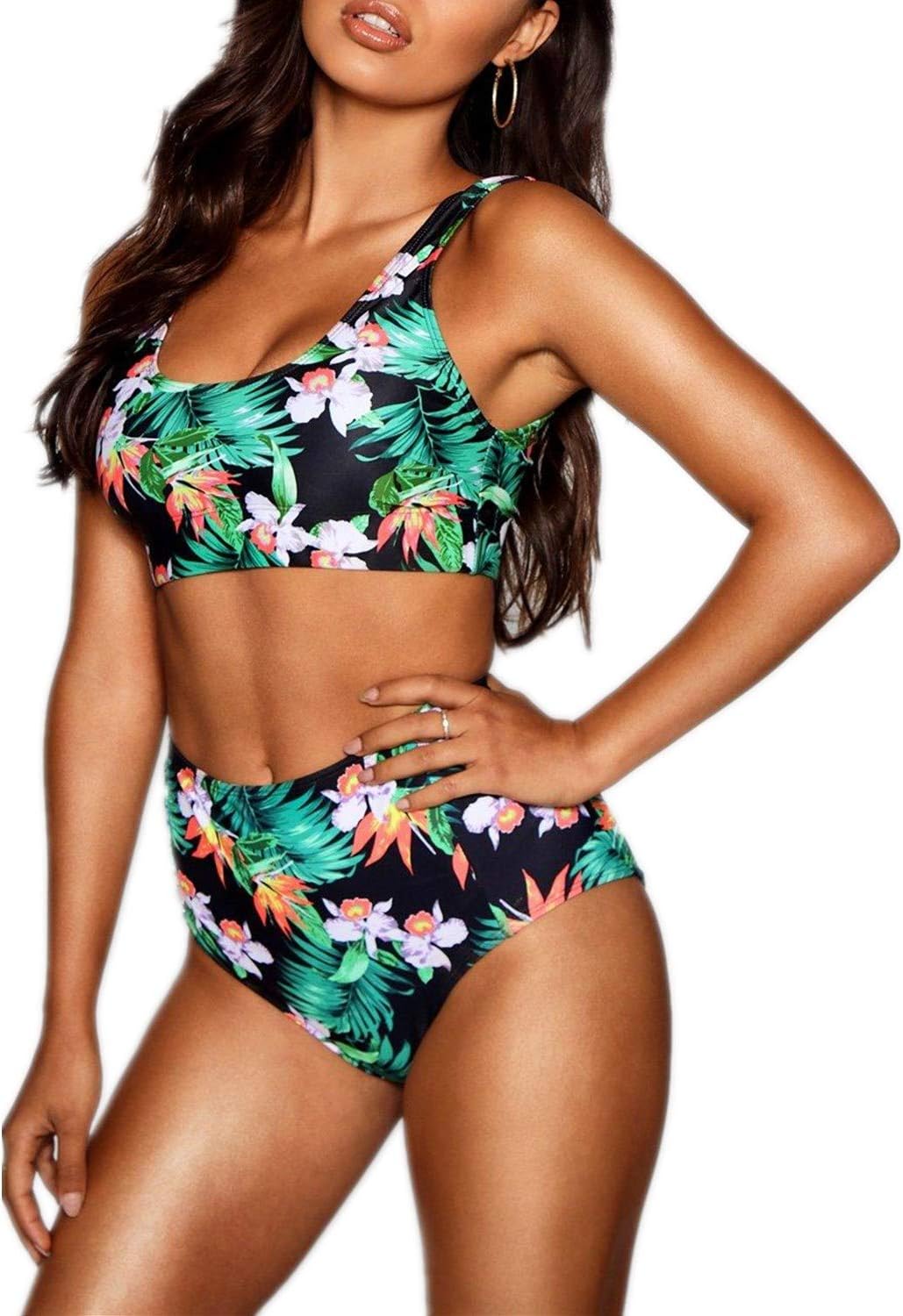 EVALESS Women 2 Pieces Push Up Bikini Floral Print Swimwear Padded High Waist Swimsuits