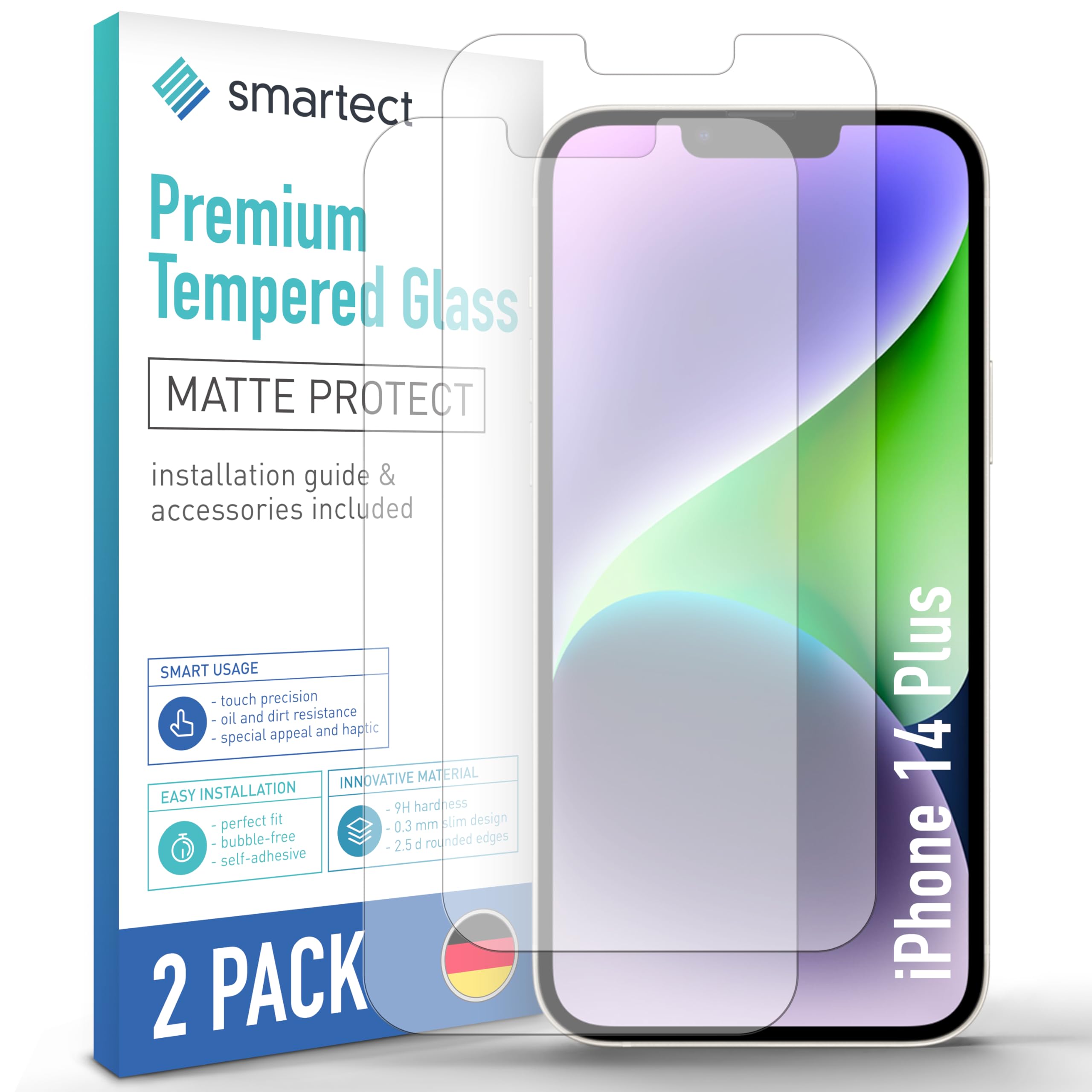 smartect Glass Screen Protector [2 Pieces, Matte] for iPhone 14 Plus, Anti Glare Protective Film Anti Scratch, Bubble Free, 9H Hardness, Ultra Resistant
