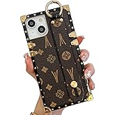 TRODINO Rectangle Leather Compatible with iPhone 13 Case with Wristband Strap, Luxury Designer Case for Women Girls, Holder Kickstand Protective Cover 6.1” (Brown)