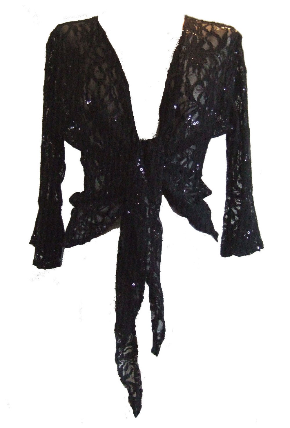 Black Size 22/24 Sparkly Sequin Lace Front Tie Evening Bolero Shrug