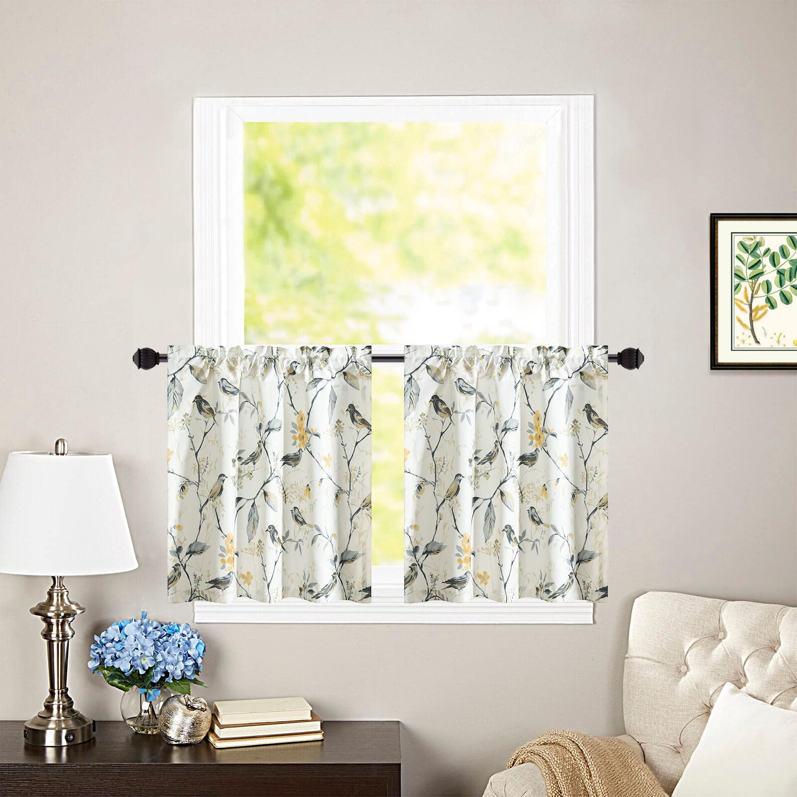 VOGOL Tiers Kitchen Curtains, 30 Inch Length, Grey Small Window Curtains for Bathroom, Laundry Room, Basement, Rod Pocket, Beautiful Bird Print Window Curtains, 30 x 30 Inch, 2 Panels