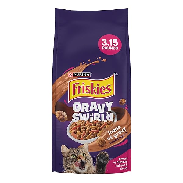 PURINA FRISKIES DRY CAT FOOD GRAVY SWIRL’D WITH FLAVORS OF CHICKEN, SALMON AND GRAVY – 3.15 LB. BAG