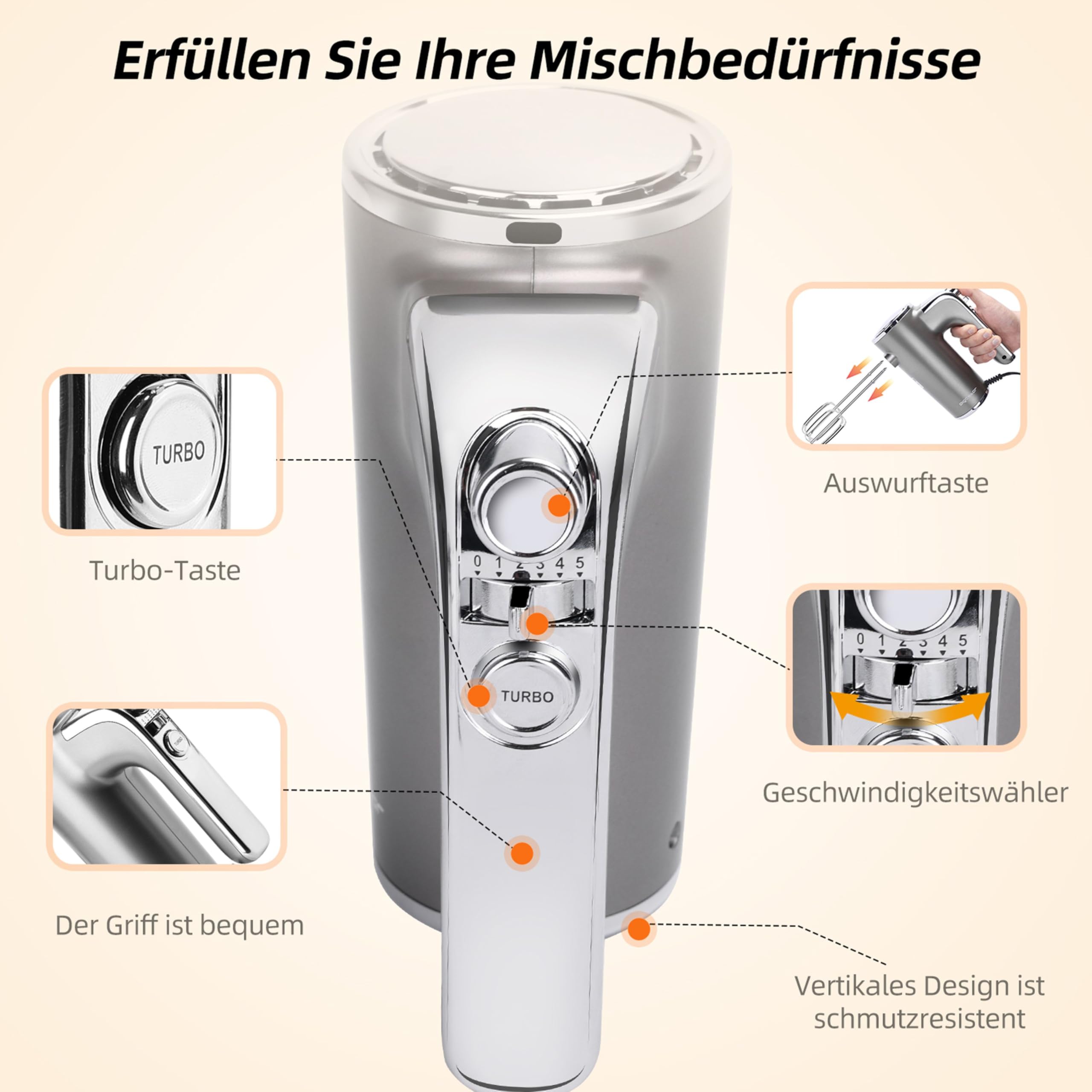 Aigostar Handmixer Elektrischer, 400 W Ultra Power Mixer Handrührer mit 1 Aufbewahrungshalterung, 5 Geschwindigkeiten, Turbo Boost, 2 Schneebesen und 2 Knethaken, für Eier, Teig, Kuchen.Adela 7