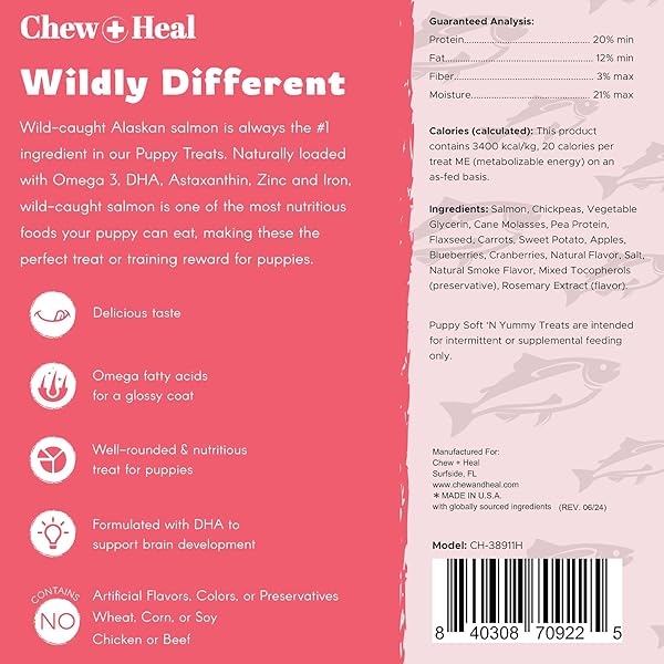 CHEW + HEAL LABS DOG SALMON JERKY FOR PUPPIES – 12 OZ OF WILD CAUGHT ALASKAN SALMON JERKY FOR PUPPY DEVELOPMENT WITH CHICKPEAS, CARROTS, SWEET POTATO, AND FRUIT – MADE IN THE USA