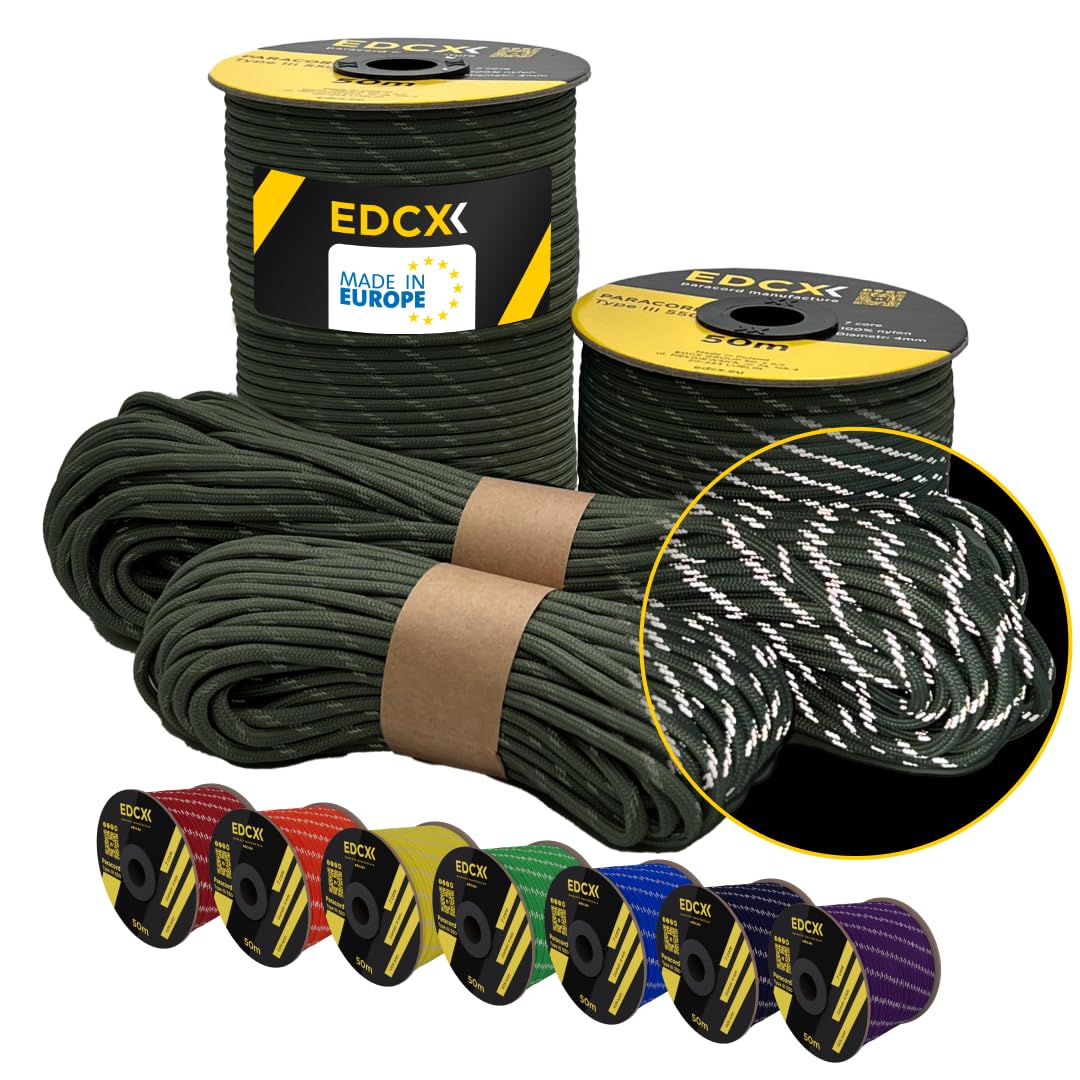 EdcX 4 mm Reflective Paracord 550 (15, 30, 50 m) – Tear-Resistant Parachute Cord for Survival Made of 100% Nylon, 4 mm Type III with 7 Wires (Reflective Army Green, 15 m) — image 1