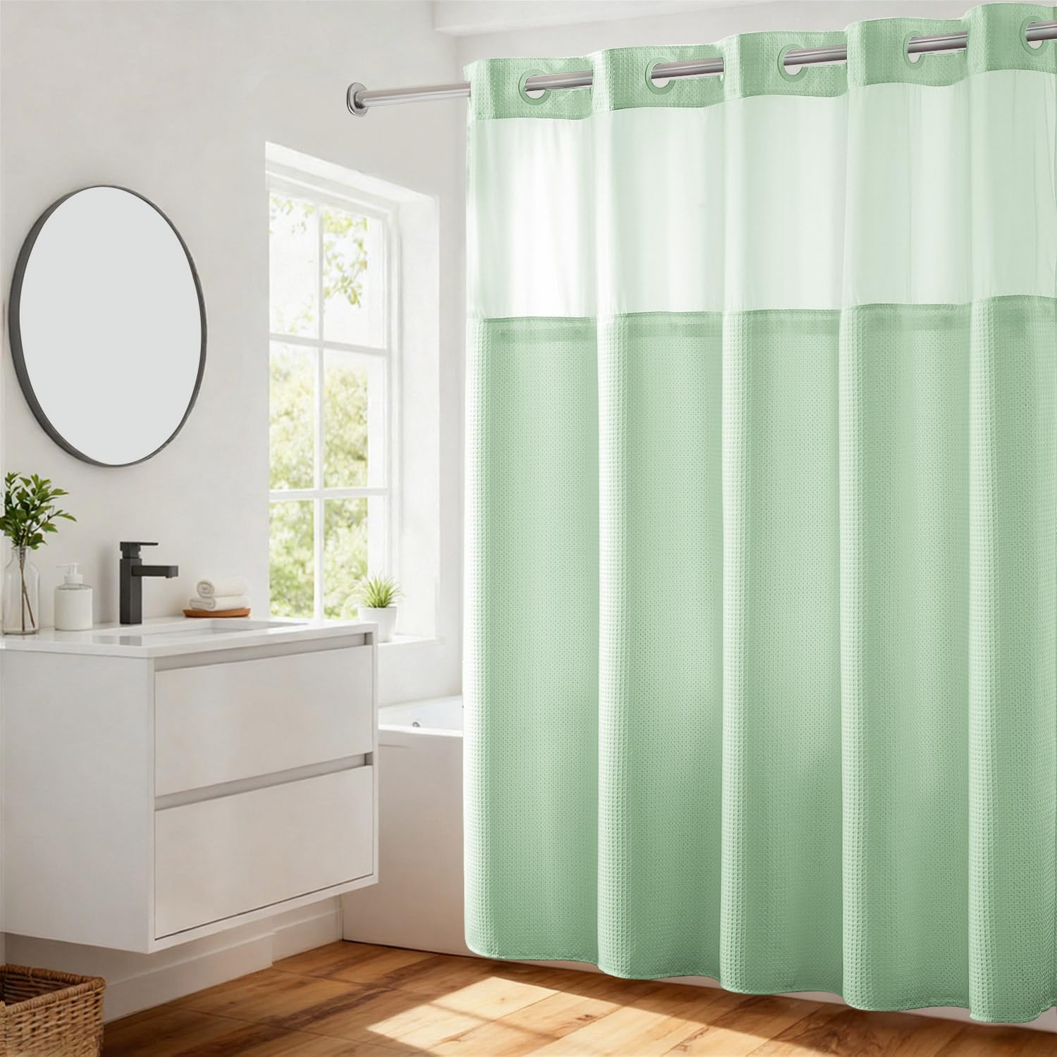 No Hooks Required Waffle Weave Shower Curtain with Snap in Liner - 71W x 74H,Hotel Grade,Spa Like Bath Curtain,Green Light
